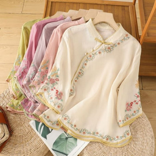 Elbow-Sleeve Flower Embroidered Blouse - Clothing