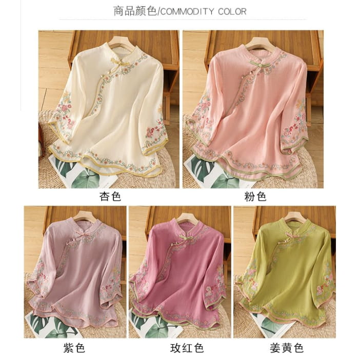 Elbow-Sleeve Flower Embroidered Blouse - Clothing