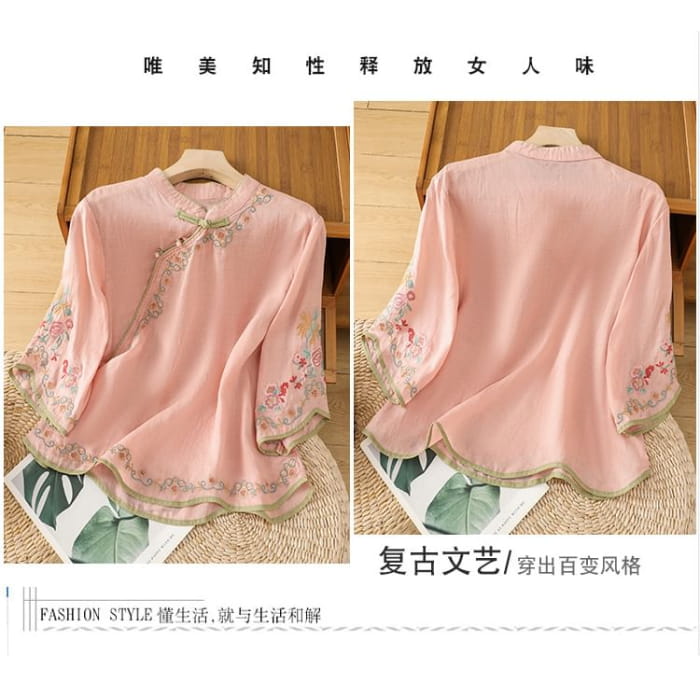 Elbow-Sleeve Flower Embroidered Blouse - Clothing