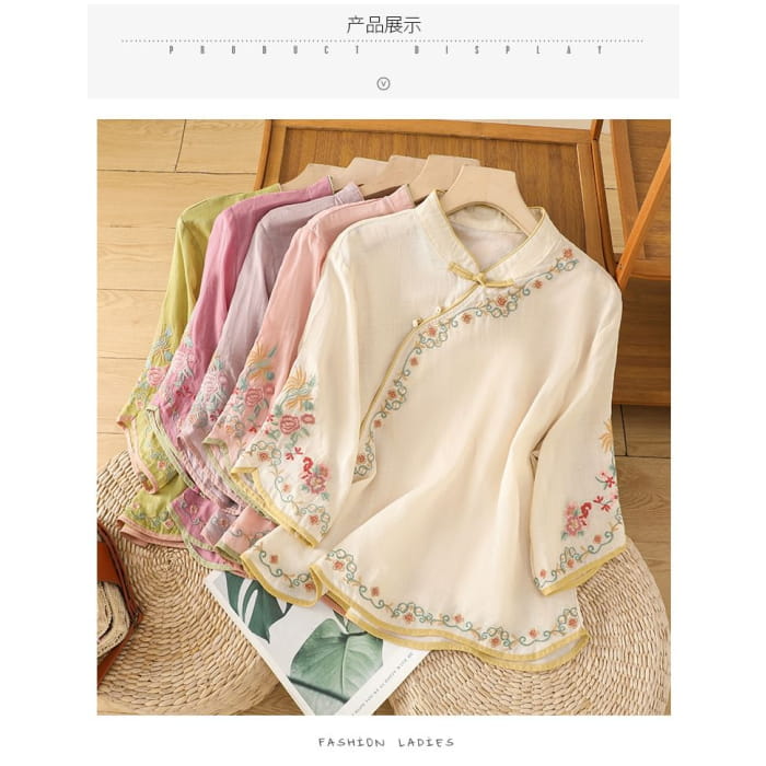 Elbow-Sleeve Flower Embroidered Blouse - Clothing