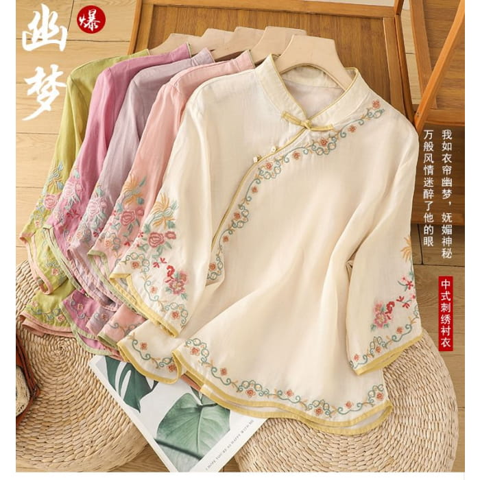 Elbow-Sleeve Flower Embroidered Blouse - Clothing