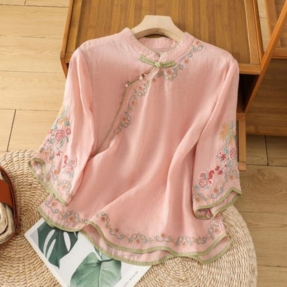 Elbow-Sleeve Flower Embroidered Blouse - Pink / M - Clothing