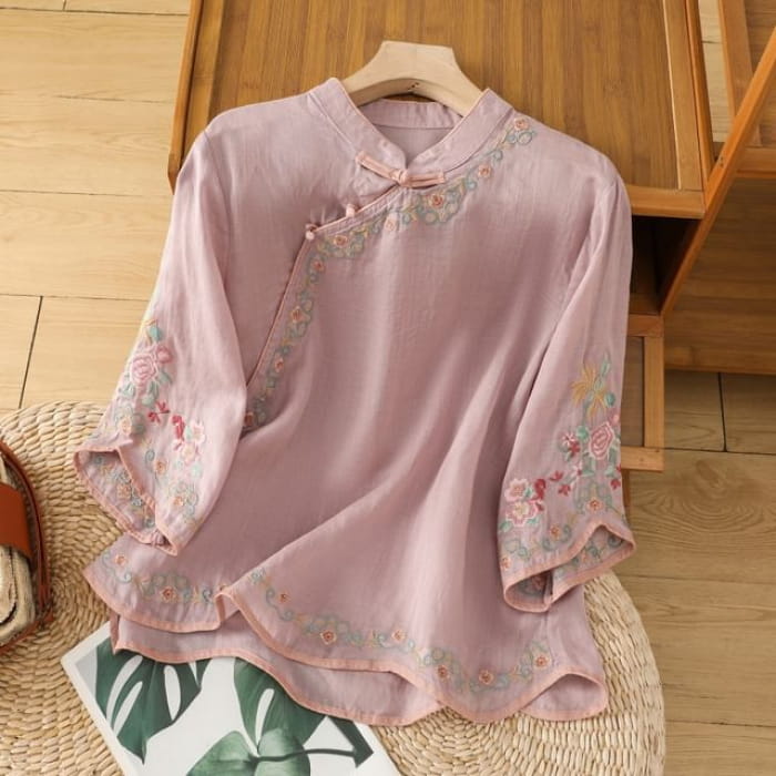 Elbow-Sleeve Flower Embroidered Blouse - Purple / M