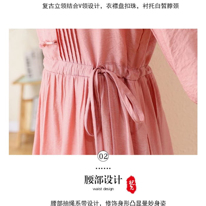 Elbow-Sleeve Notch Neck Plain Bowknot Midi A-Line Dress