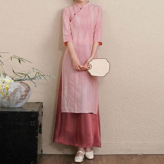 Elbow-Sleeve Striped Side-Slit Midi Hanfu Dress / Mid Rise