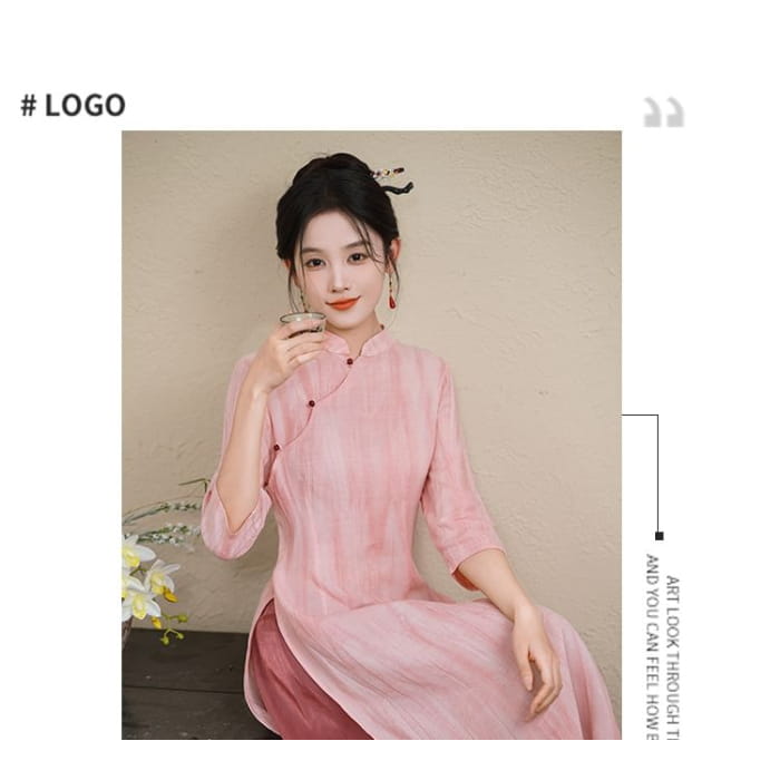 Elbow-Sleeve Striped Side-Slit Midi Hanfu Dress / Mid Rise