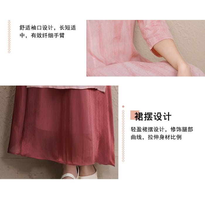 Elbow-Sleeve Striped Side-Slit Midi Hanfu Dress / Mid Rise