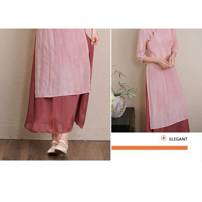 Elbow-Sleeve Striped Side-Slit Midi Hanfu Dress / Mid Rise