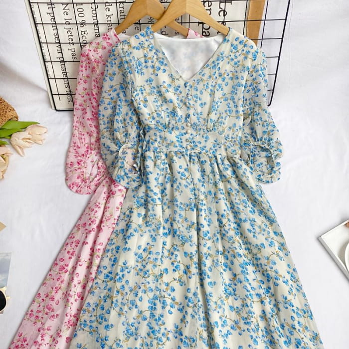 Elbow-Sleeve V-Neck Floral Print Button Midi A-Line Dress