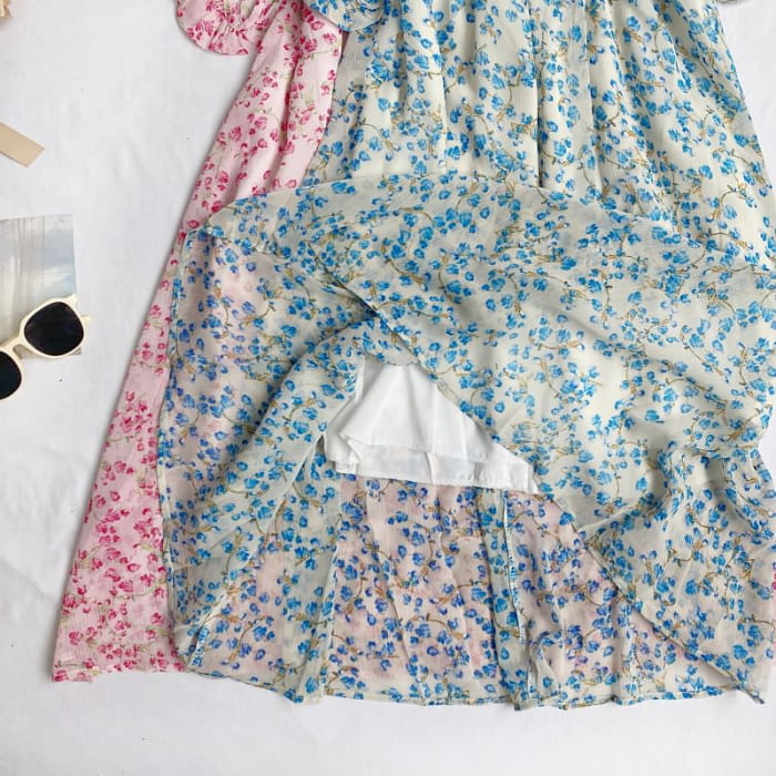 Elbow-Sleeve V-Neck Floral Print Button Midi A-Line Dress