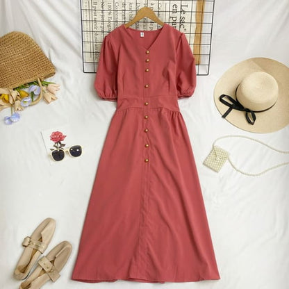 Elbow-Sleeve V-Neck Plain Button Midi A-Line Dress - Brick