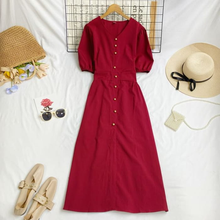 Elbow-Sleeve V-Neck Plain Button Midi A-Line Dress - Wine