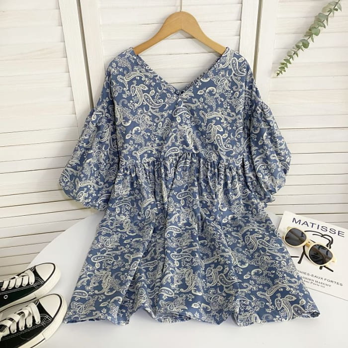 Elbow-Sleeve V-Neck Print Mini A-Line Dress