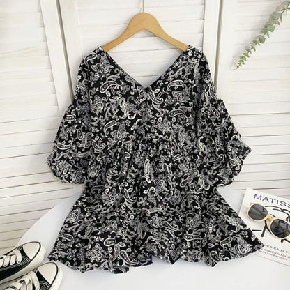 Elbow-Sleeve V-Neck Print Mini A-Line Dress