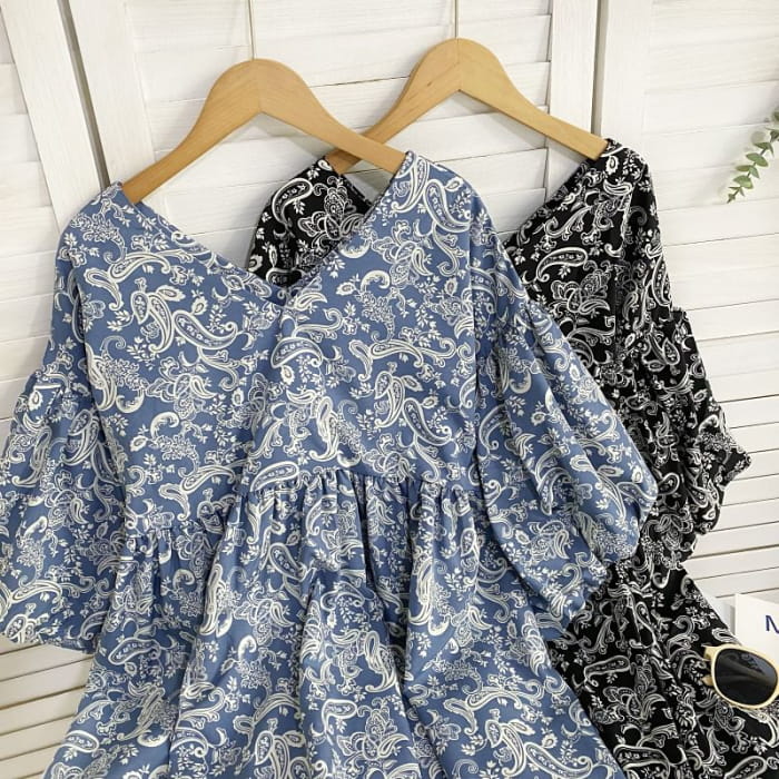 Elbow-Sleeve V-Neck Print Mini A-Line Dress