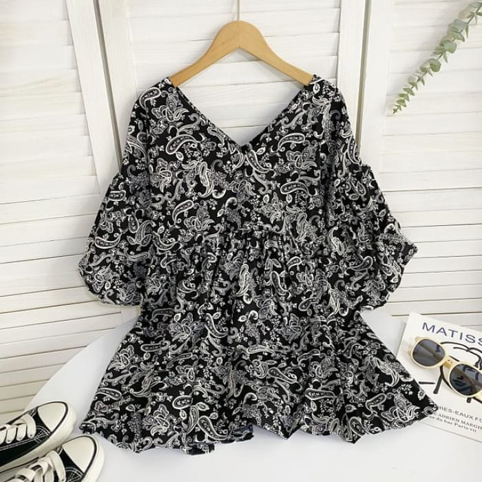 Elbow-Sleeve V-Neck Print Mini A-Line Dress - Black