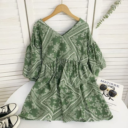 Elbow-Sleeve V-Neck Print Mini A-Line Dress - Green