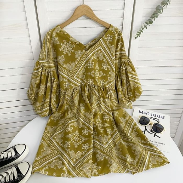 Elbow-Sleeve V-Neck Print Mini A-Line Dress - Yellow