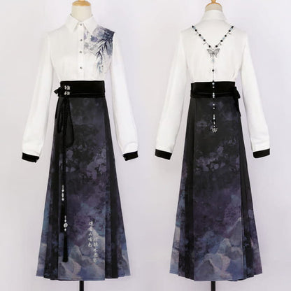 Elegant Bamboo Ink Painting Shirt Lace Up Pleated Skirt