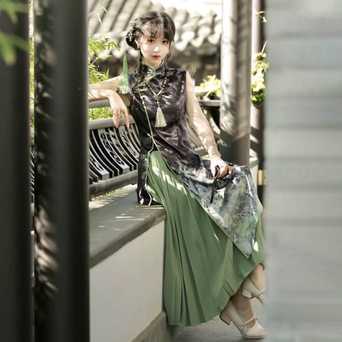 Elegant Bamboo Print Cheongsam Dress Pleated Skirt