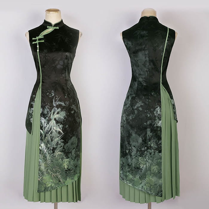 Elegant Bamboo Print Cheongsam Dress Pleated Skirt