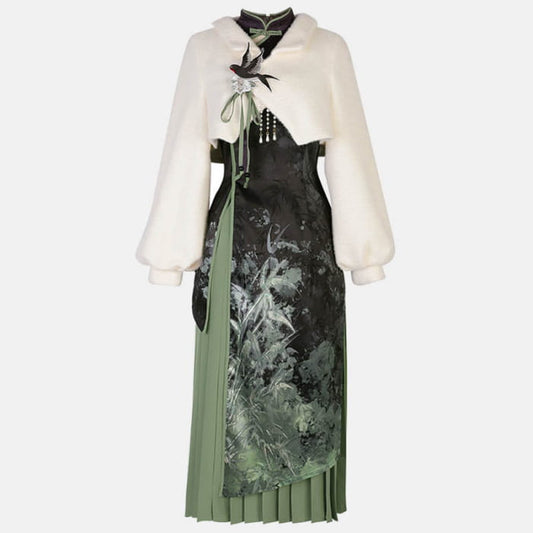 Elegant Bamboo Print Cheongsam Dress Pleated Skirt - Set / S