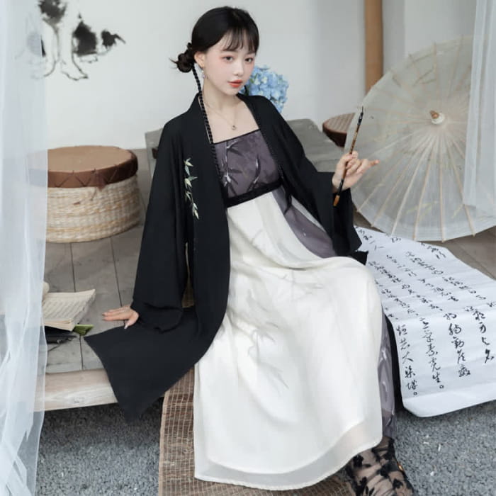 Elegant Bamboo Print Colorblock Slip Dress Split Cardigan