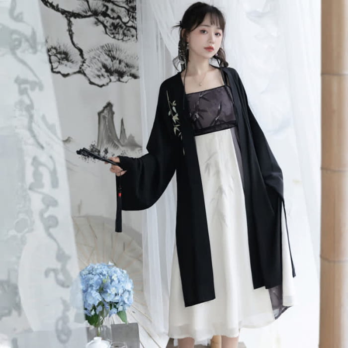 Elegant Bamboo Print Colorblock Slip Dress Split Cardigan