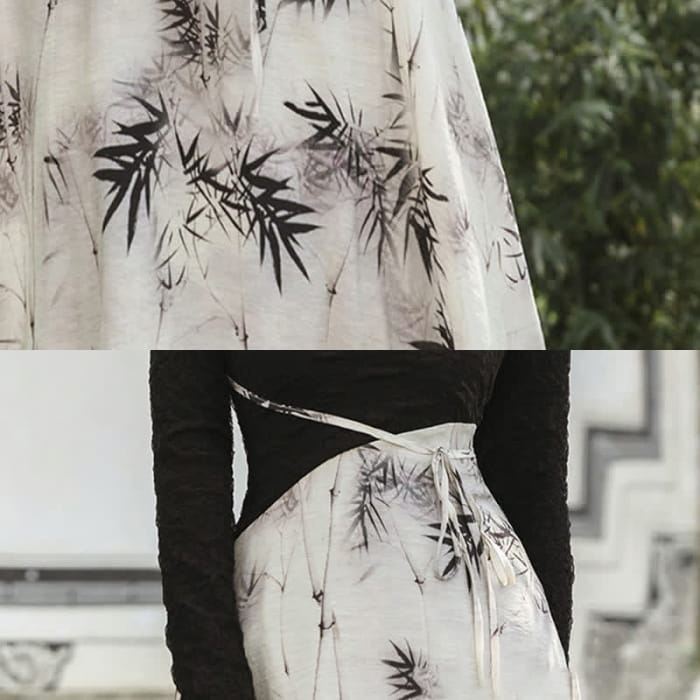 Elegant Bamboo Print Lace Up Slip Dress Long Sleeve Top