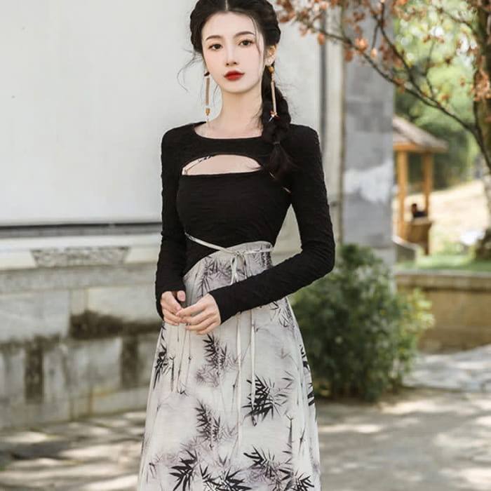 Elegant Bamboo Print Lace Up Slip Dress Long Sleeve Top