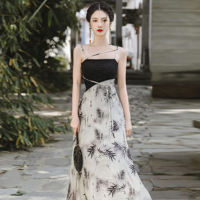 Elegant Bamboo Print Lace Up Slip Dress Long Sleeve Top - M