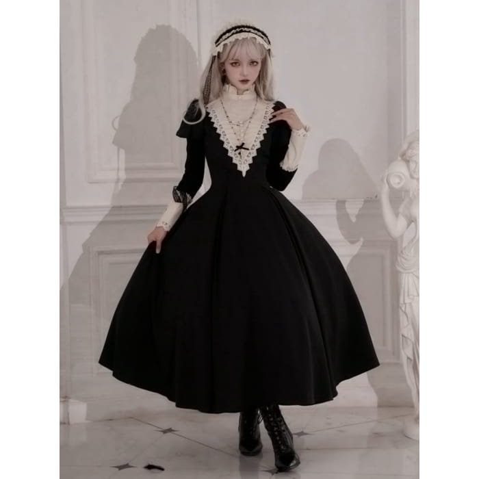 Elegant Black and Beige Ruffle Banded Collar Long Dress