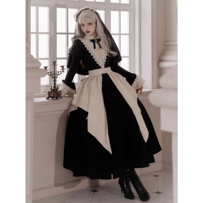 Elegant Black and Beige Ruffle Banded Collar Long Dress