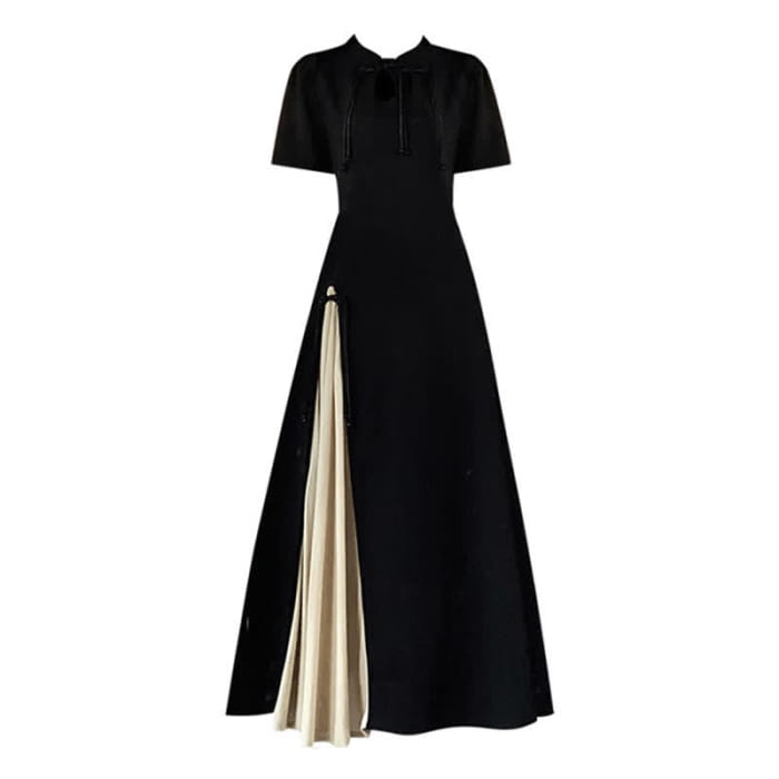 Elegant Black Buckle Split A-line Cheongsam Dress - M