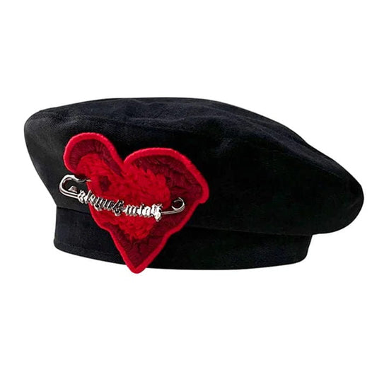 Elegant Black Heart Beret - Standart / Hats