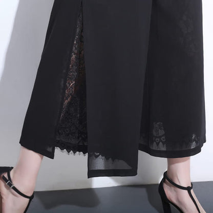 Elegant Black Lace Stitching Wide Leg Pants