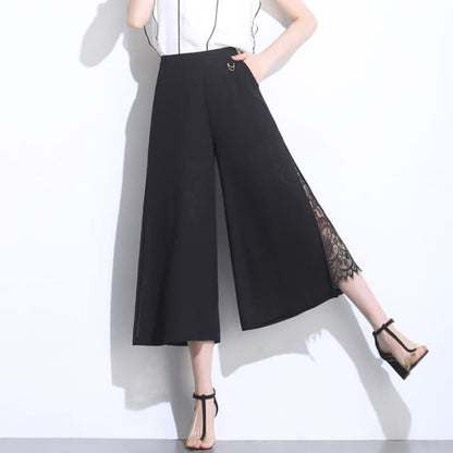 Elegant Black Lace Stitching Wide Leg Pants - M