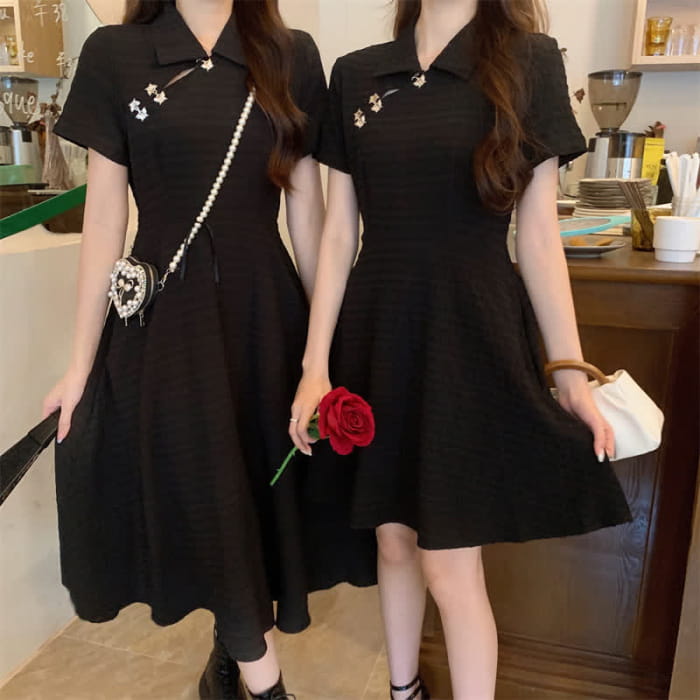 Elegant Black Lapel A-line Cheongsam Dress