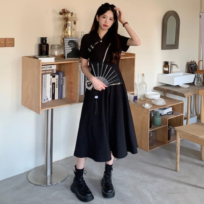 Elegant Black Lapel A-line Cheongsam Dress