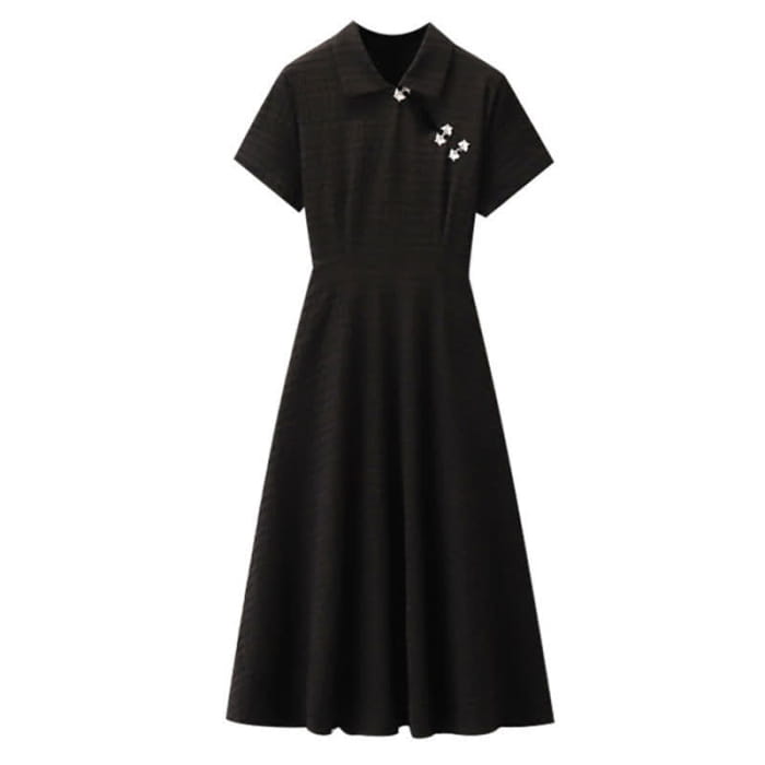 Elegant Black Lapel A-line Cheongsam Dress - Black(Long) / M