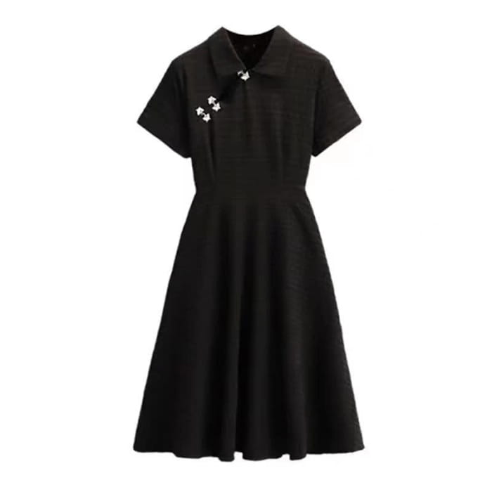 Elegant Black Lapel A-line Cheongsam Dress - Black(Short)