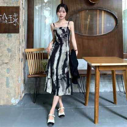 Elegant Black Short Cardigan Ink Painting Print Slip Dress