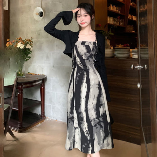 Elegant Black Short Cardigan Ink Painting Print Slip Dress