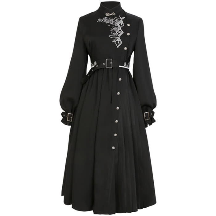 Elegant Black Vintage Embroidery Belted Pleated Dress - M