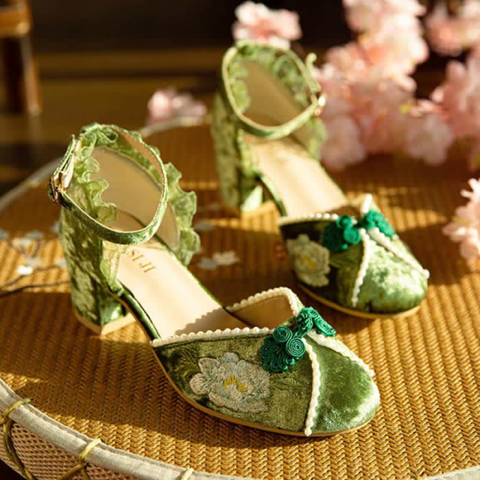 Elegant Blossom Embroidery Buckle Mary Janes Shoes - Green