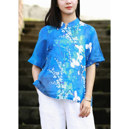 Elegant Blue Stand Collar Print Side Open Shirt Short