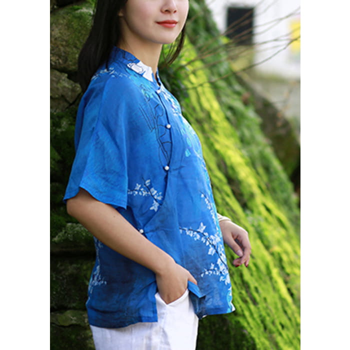 Elegant Blue Stand Collar Print Side Open Shirt Short