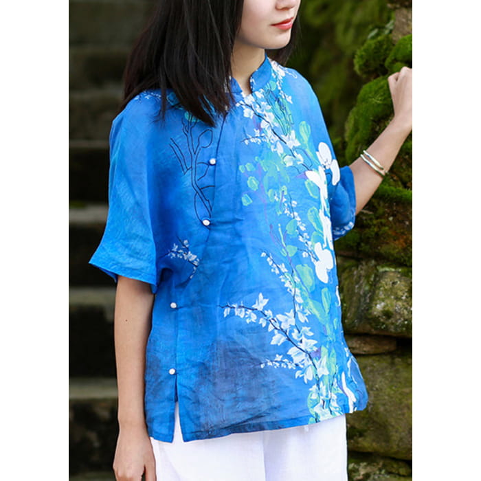 Elegant Blue Stand Collar Print Side Open Shirt Short