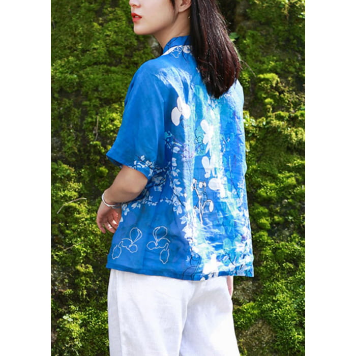 Elegant Blue Stand Collar Print Side Open Shirt Short