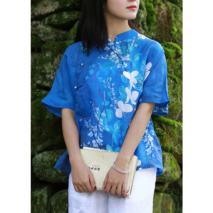 Elegant Blue Stand Collar Print Side Open Shirt Short